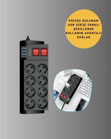 2 Metre Güçlü Çoklu Priz 8 Soket Yeni Nesil