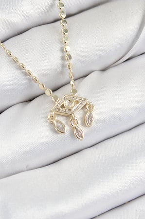 Pirinç Zirkon Taşlı Sallantılı Göz Model Ezme Zincir Gold Renk Kadın Kolye 5886