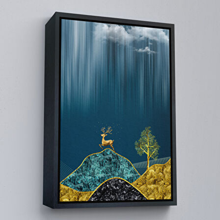 Siyah Çerçeveli Modern Tasarım Altın Geyik Tablosu