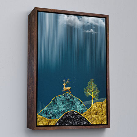 Siyah Çerçeveli Modern Tasarım Altın Geyik Tablosu