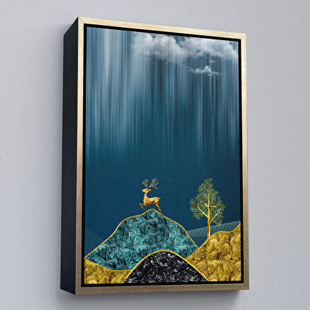 Siyah Çerçeveli Modern Tasarım Altın Geyik Tablosu