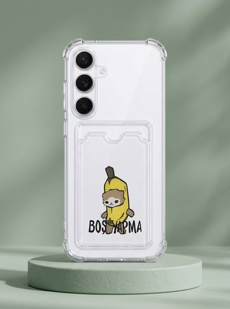 Samsung Galaxy S25 Boş Yapma Muz Detaylı Kart Bölmeli Şeffaf Telefon Kılıfı