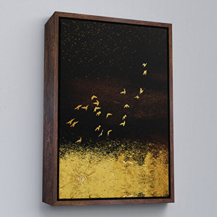 Kahverengi Çerçeveli Altın Kuşlar Manzara Tablosu