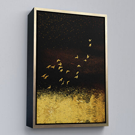 Kahverengi Çerçeveli Altın Kuşlar Manzara Tablosu