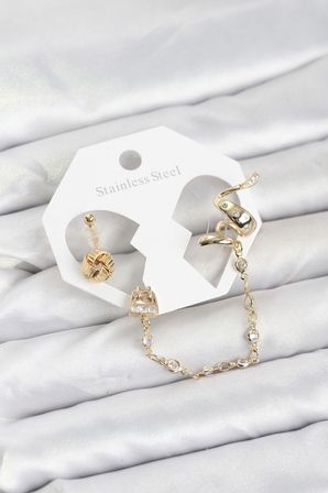 Pirinç Gold Renk Yılan Model Zincir Bağlantılı Ear Cuff Küpe Seti 5886