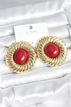 Pirinç Gold Renk Bordo Boncuklu Vintage Kadın Küpe 5886