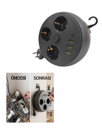 Akım Korumalı Priz USB ve Type C Girişli 3lü Priz 2 Metre Kablo Dayanıklı