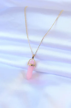 316L Çelik Gold Renk Kristal Pembe Taş Model Kadın kolye 5886