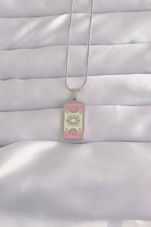 316L Çelik Gümüş Renk Pembe Mineli Ay Figür Tarot Kolye 5886