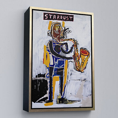 Altın Çerçeveli Jean Michel Basquiat Stardust Saksafon Kanvas Tablo, Sokak sanatı, Pop Art
