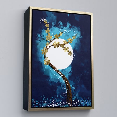 Altın Çerçeveli Altın Çiçekli Ağaç ve Ve Ay Kanva Tablo, Soyut Çağdaş Sanat Örneği