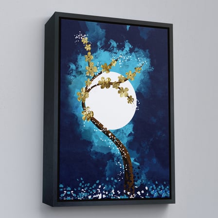 Altın Çerçeveli Altın Çiçekli Ağaç ve Ve Ay Kanva Tablo, Soyut Çağdaş Sanat Örneği