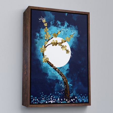 Altın Çerçeveli Altın Çiçekli Ağaç ve Ve Ay Kanva Tablo, Soyut Çağdaş Sanat Örneği