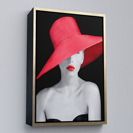 Siyah Çerçeveli Kırmızı Rujlu ve Kırmızı Şapkalı Zarif Genç Kadın Kanvas Tablosu