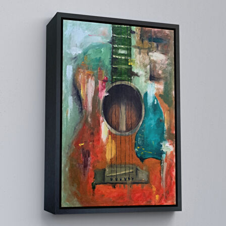 Siyah Çerçeveli Gitar Temalı Yağlıboya Görünüm Dekoratif Kanvas Duvar Tablosu, Sanat Evi Kanvas Tablo