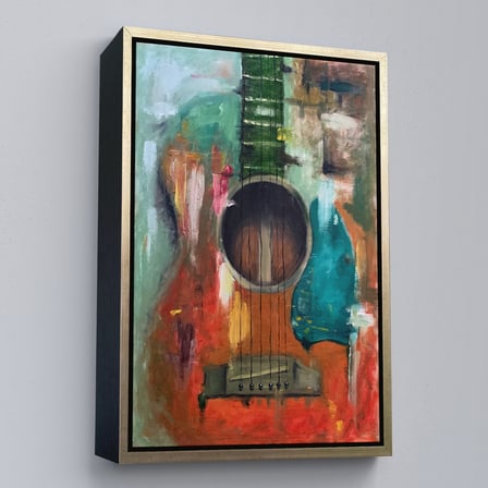 Kahverengi Çerçeveli Gitar Temalı Yağlıboya Görünüm Dekoratif Kanvas Duvar Tablosu, Sanat Evi Kanvas Tablo