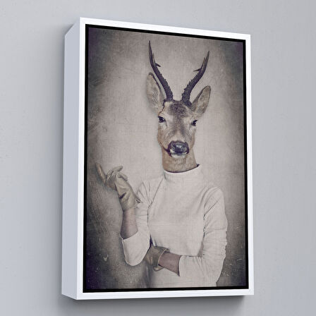 Beyaz Çerçeveli Ceylan Kafalı İnsan Kanvas Tablo