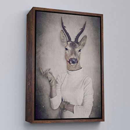 Beyaz Çerçeveli Ceylan Kafalı İnsan Kanvas Tablo