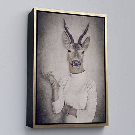 Beyaz Çerçeveli Ceylan Kafalı İnsan Kanvas Tablo