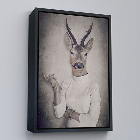 Beyaz Çerçeveli Ceylan Kafalı İnsan Kanvas Tablo