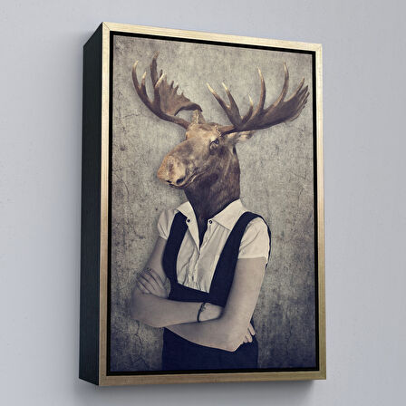 Beyaz Çerçeveli Geyik Kafalı İnsan Kanvas Tablo