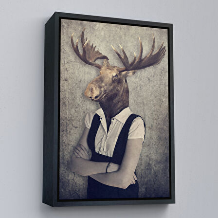 Beyaz Çerçeveli Geyik Kafalı İnsan Kanvas Tablo
