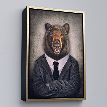 Altın Çerçeveli Ayı Kafalı İnsan Kanvas Tablo