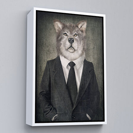 Beyaz Çerçeveli Köpek Kafalı İnsan Kanvas Tablo