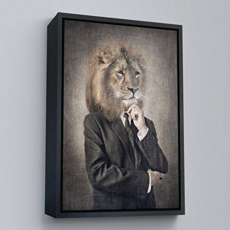 Siyah Çerçeveli Aslan Kafalı İnsan Kanvas Tablo