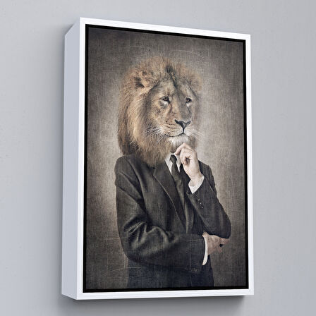 Siyah Çerçeveli Aslan Kafalı İnsan Kanvas Tablo