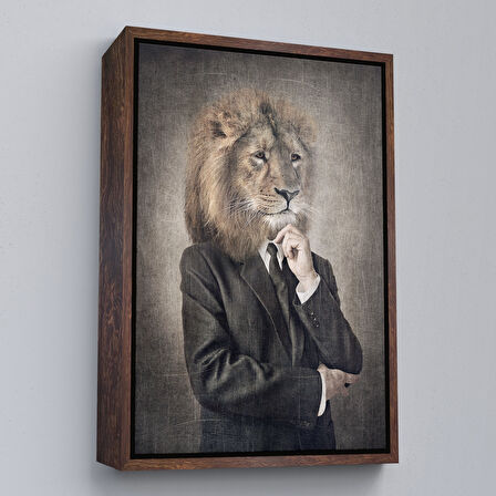 Siyah Çerçeveli Aslan Kafalı İnsan Kanvas Tablo
