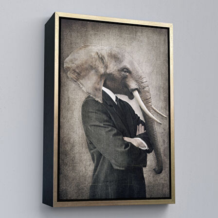 Altın Çerçeveli Fil Kafalı İnsan Kanvas Tablo