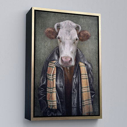 Kahverengi Çerçeveli İnek Kafalı İnsan Kanvas Tablo