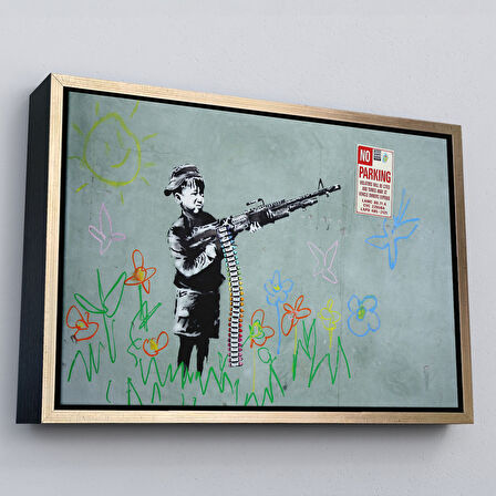 Altın Çerçeveli Bansky'nin Makineli Tüfekli Çocuk İsimli Eseri Kanvas Tablo, No Parking