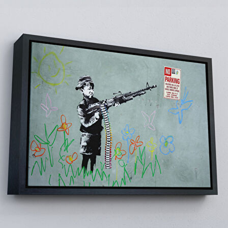 Altın Çerçeveli Bansky'nin Makineli Tüfekli Çocuk İsimli Eseri Kanvas Tablo, No Parking