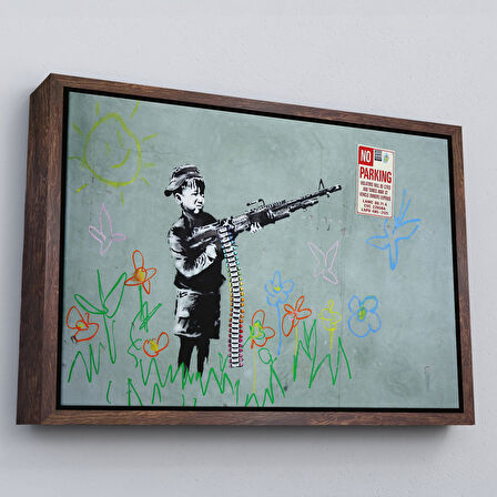 Altın Çerçeveli Bansky'nin Makineli Tüfekli Çocuk İsimli Eseri Kanvas Tablo, No Parking