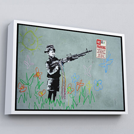 Kahverengi Çerçeveli Bansky'nin Makineli Tüfekli Çocuk İsimli Eseri Kanvas Tablo, No Parking