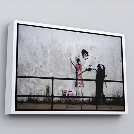 Siyah Çerçeveli Bansky'nin Küçük Kız Çocuğunu Arayan Polis İsimli Çalışması Kanvas Tablo