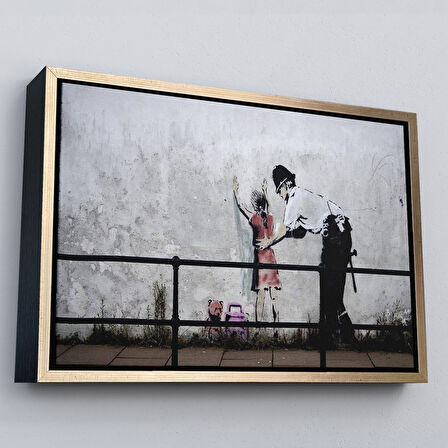 Siyah Çerçeveli Bansky'nin Küçük Kız Çocuğunu Arayan Polis İsimli Çalışması Kanvas Tablo