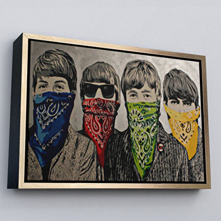 Beyaz Çerçeveli Bansky'nin Bandanalı Beatles Çocuklar İsimli Çalışması Kanvas Tablo