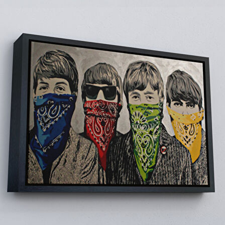 Beyaz Çerçeveli Bansky'nin Bandanalı Beatles Çocuklar İsimli Çalışması Kanvas Tablo