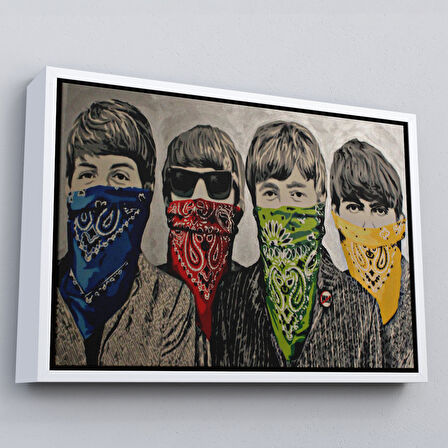 Siyah Çerçeveli Bansky'nin Bandanalı Beatles Çocuklar İsimli Çalışması Kanvas Tablo