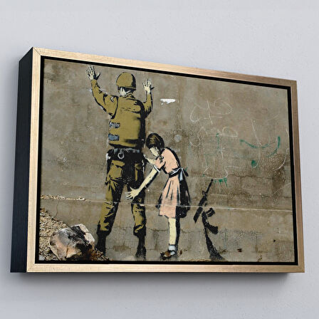 Siyah Çerçeveli Bansky'nin Askeri Arayan Küçük Kız Eseri Kanvas Tablo