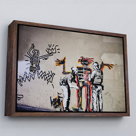 Siyah Çerçeveli Bansky Grafitiyi Arayan Polisler Kanvas Tablo