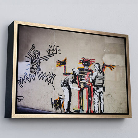 Siyah Çerçeveli Bansky Grafitiyi Arayan Polisler Kanvas Tablo