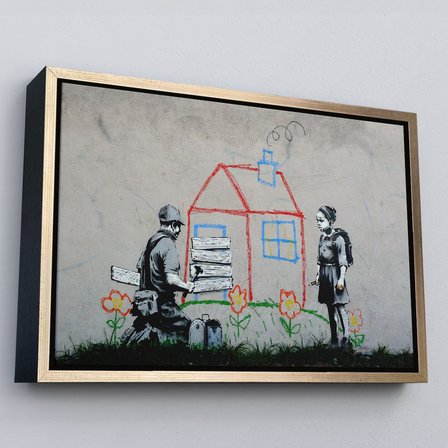 Altın Çerçeveli Bansky Çocuğun Çizdiği Evin Kapısını Kapatan Adam Kanvas Tablo