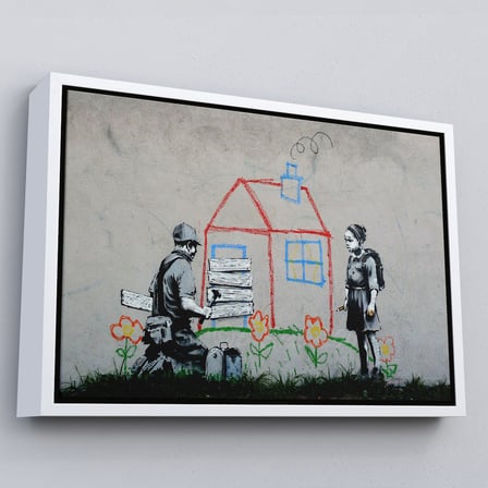 Altın Çerçeveli Bansky Çocuğun Çizdiği Evin Kapısını Kapatan Adam Kanvas Tablo
