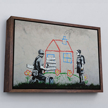Kahverengi Çerçeveli Bansky Çocuğun Çizdiği Evin Kapısını Kapatan Adam Kanvas Tablo