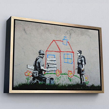 Kahverengi Çerçeveli Bansky Çocuğun Çizdiği Evin Kapısını Kapatan Adam Kanvas Tablo