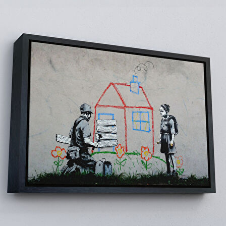Kahverengi Çerçeveli Bansky Çocuğun Çizdiği Evin Kapısını Kapatan Adam Kanvas Tablo